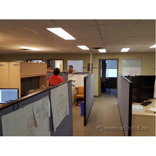 Blue Fabric Panel Office Cubicle Dividers, Dark Wood Trim Allsold.ca